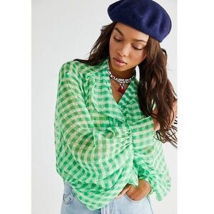 Free People Picnic Plaid Tie Front Ruffle Shirt Women Boho One Size